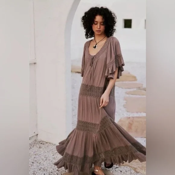 Free People Dream On Crochet Lace Maxi Dress Petrified Wood Gray Purple - Picture 1 of 12